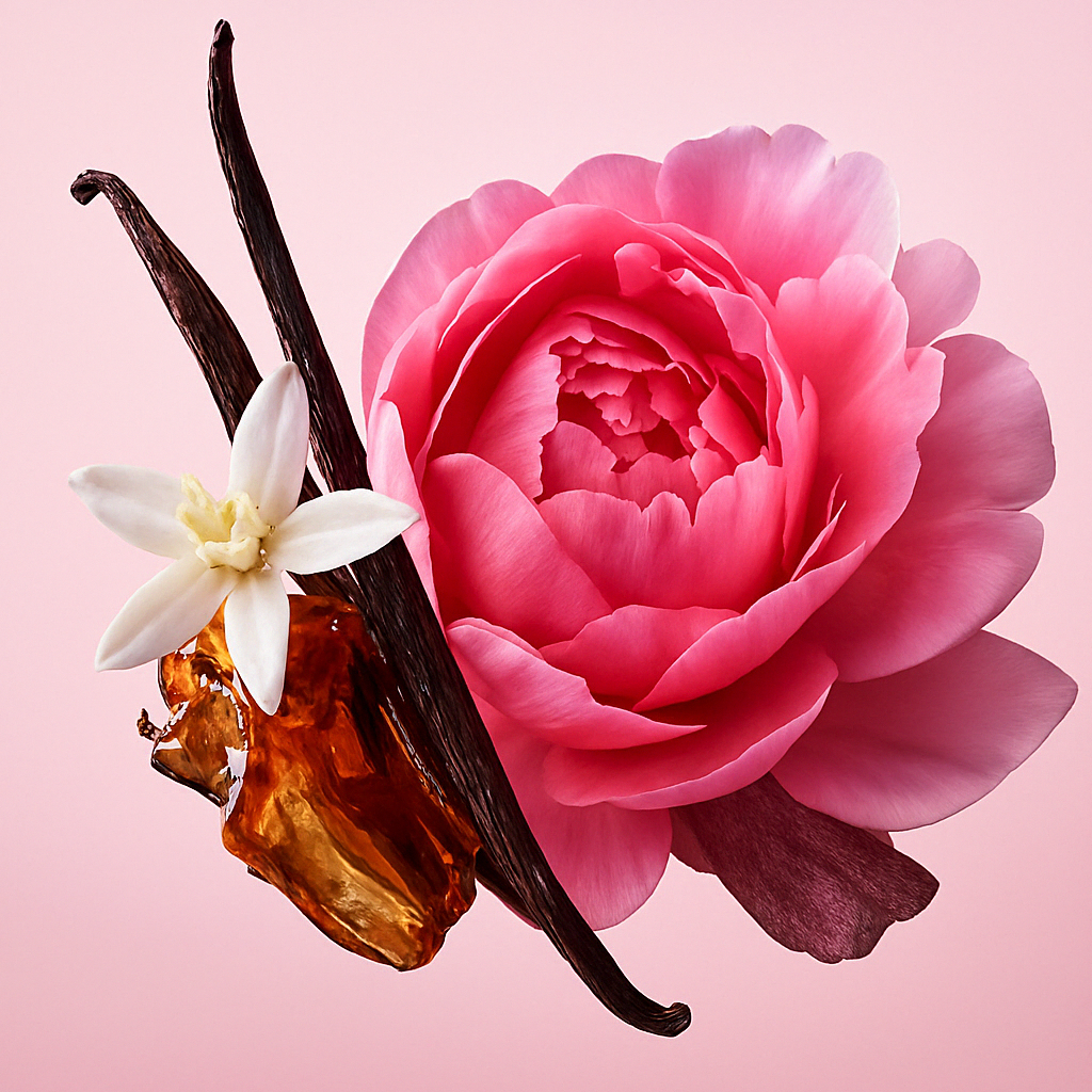 A composition featuring a pink peony, vanilla pod, white flower, and amber resin against a soft pink background, representing ÉCLAT Sweet Gunpowder.