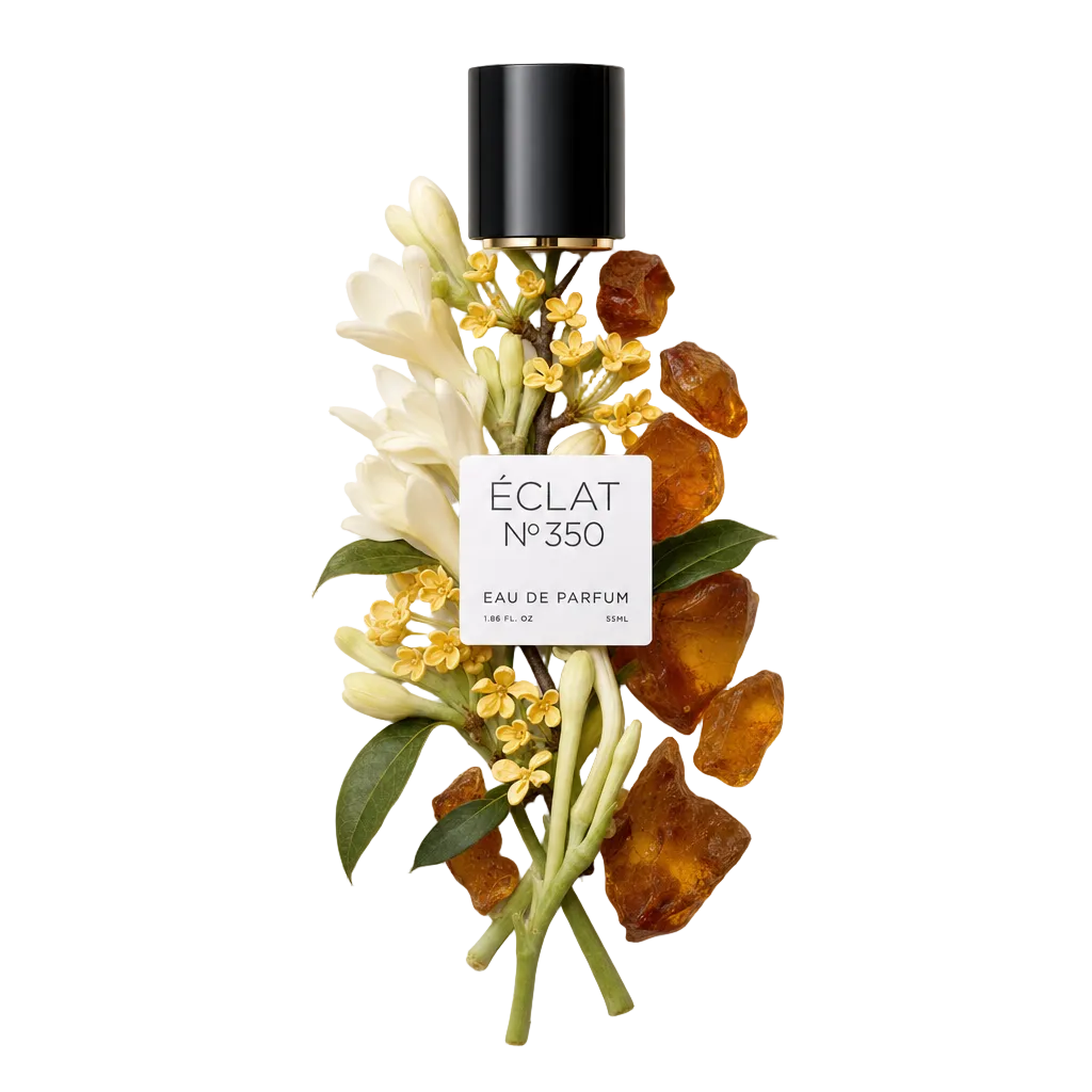Un arrangement de fleurs d'osmanthus, tubéreuse et pierres d'ambre, avec le capuchon noir et l'étiquette d'ÉCLAT au-dessus.