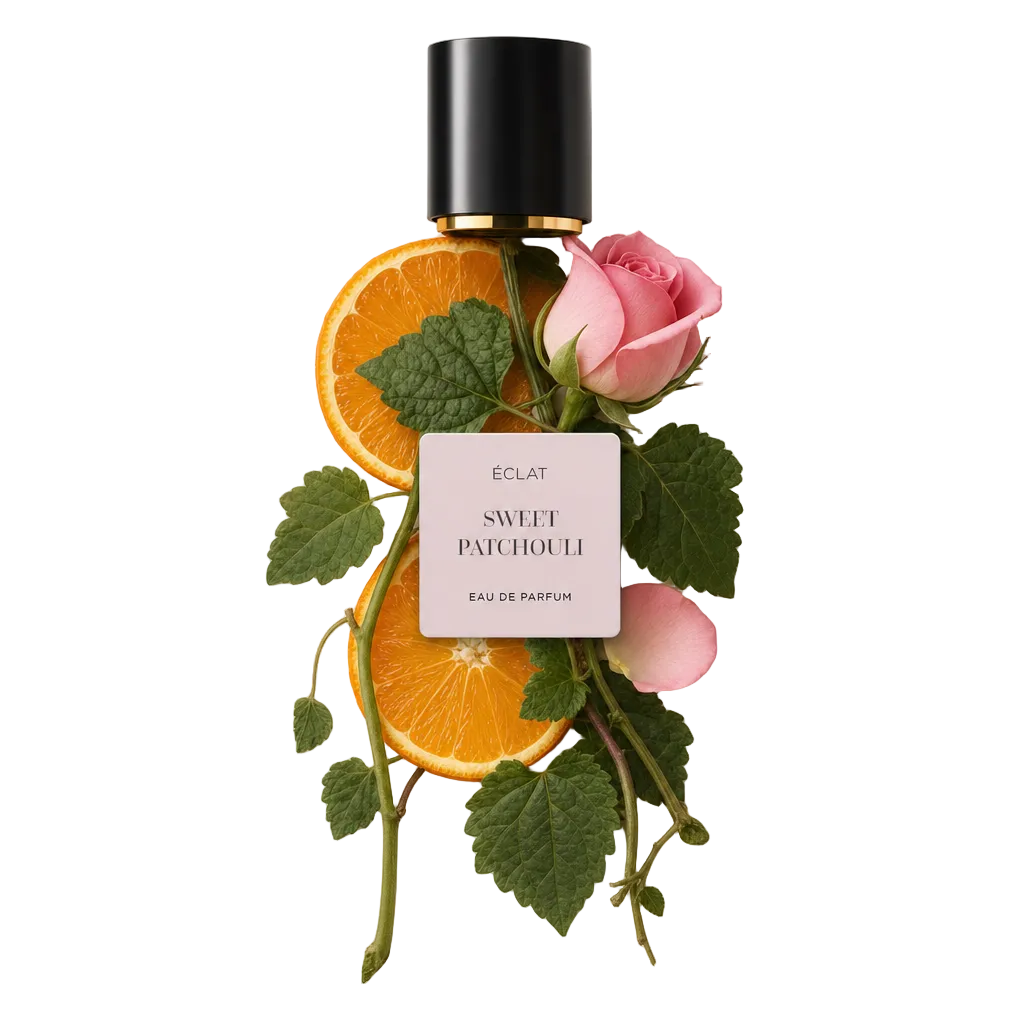 Un arreglo de rodajas de naranja, rosa rosada y hojas de pachulí rodea una tapa negra con ribete dorado, etiquetada ÉCLAT Sweet Patchouli.