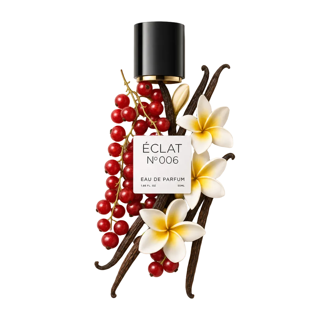 Un arrangement de groseilles rouges et de gousses de vanille avec des fleurs blanches, surmonté d'un capuchon noir portant l'étiquette ÉCLAT Sweet Red Currant.