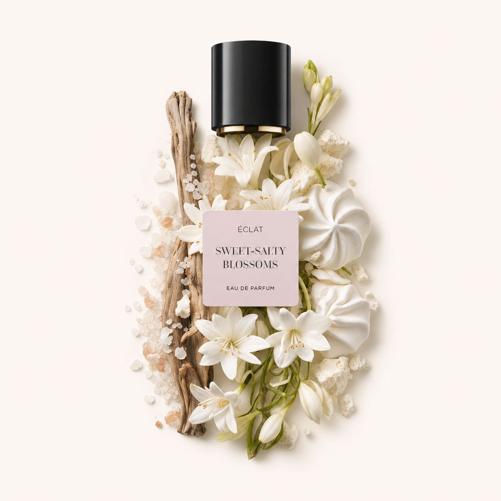 Uma composição de flores brancas, merengue, cristais de sal e madeira à deriva envolve uma tampa preta de ÉCLAT Sweet-Salty Blossoms com uma etiqueta.