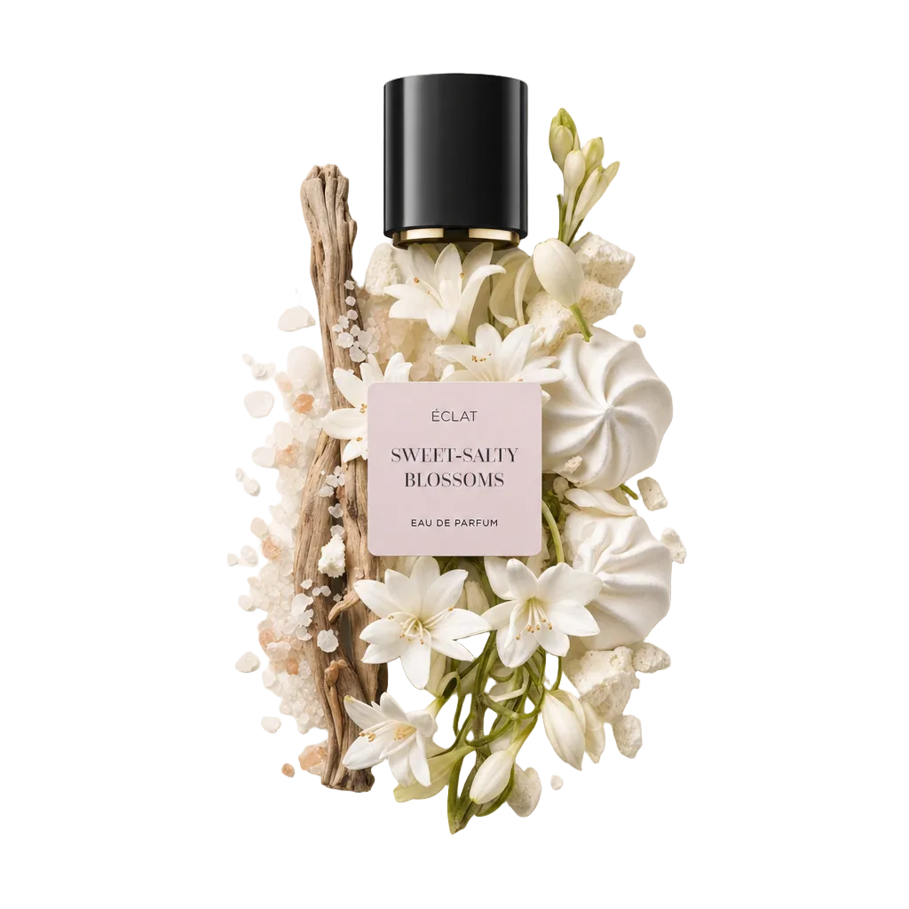 An arrangement of white blossoms, meringue, salt crystals, and driftwood surrounds a black cap of ÉCLAT Sweet-Salty Blossoms with a labeled tag.