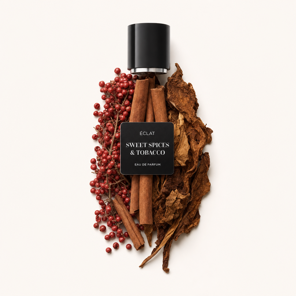 Een arrangement van kaneelstokjes, rode peperkorrels en gedroogde tabaksbladeren met een zwart dopje met etiket ÉCLAT Sweet Spices & Tobacco.