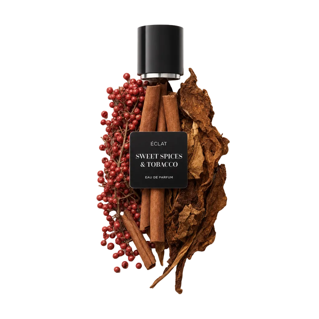 Un arreglo de ramas de canela, granos de pimienta roja y hojas de tabaco secas con una tapa negra etiquetada ÉCLAT Sweet Spices & Tobacco.