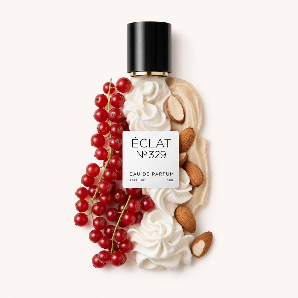 Een kunstzinnige schikking van romige wervelingen, amandelen en levendige rode bessen, rondom een zwarte dop met ÉCLAT Sweet Whipped Cream etiket.