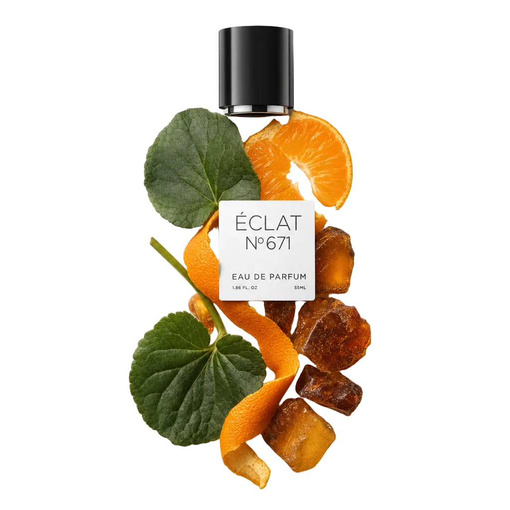 Un arrangement de segments et de zeste de mandarine, de feuilles de géranium et de résine d'ambre entoure un capuchon noir avec étiquette ÉCLAT Synthetic Tangerine.