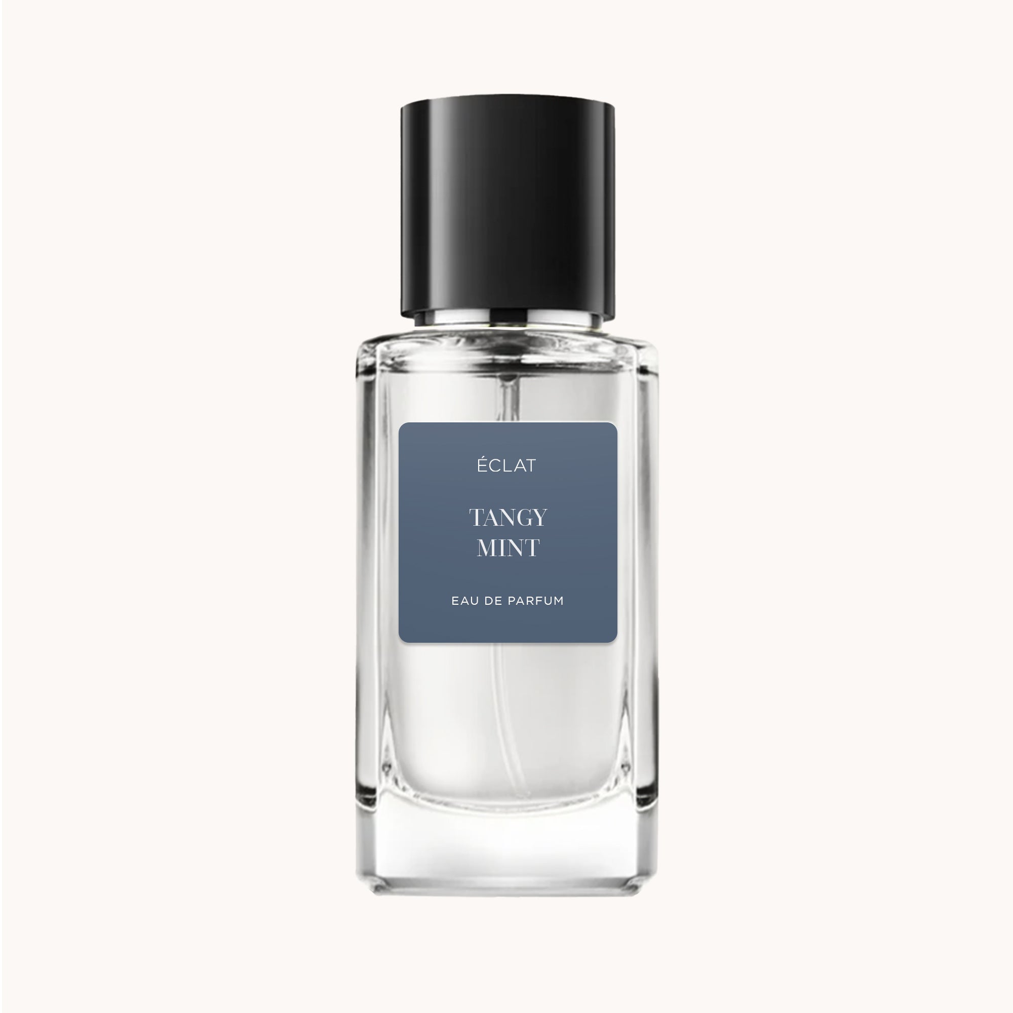 Um frasco de vidro facetado com etiqueta cinza escura mate exibindo ÉCLAT Tangy Mint, encimado por uma tampa preta elegante.