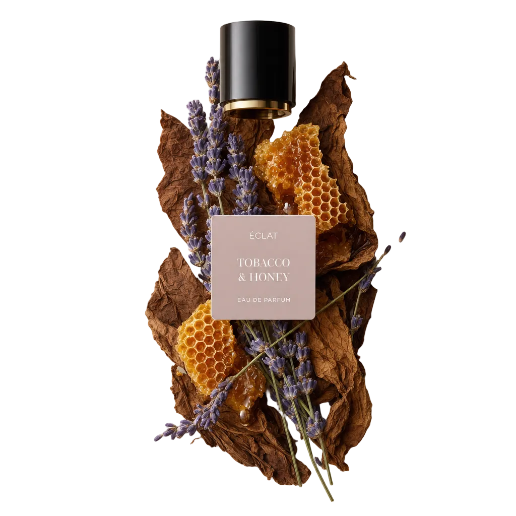 An arrangement of dried tobacco leaves, golden honeycomb, and sprigs of lavender surrounds a black cap with a gold accent labeled ÉCLAT Tobacco & Honey.