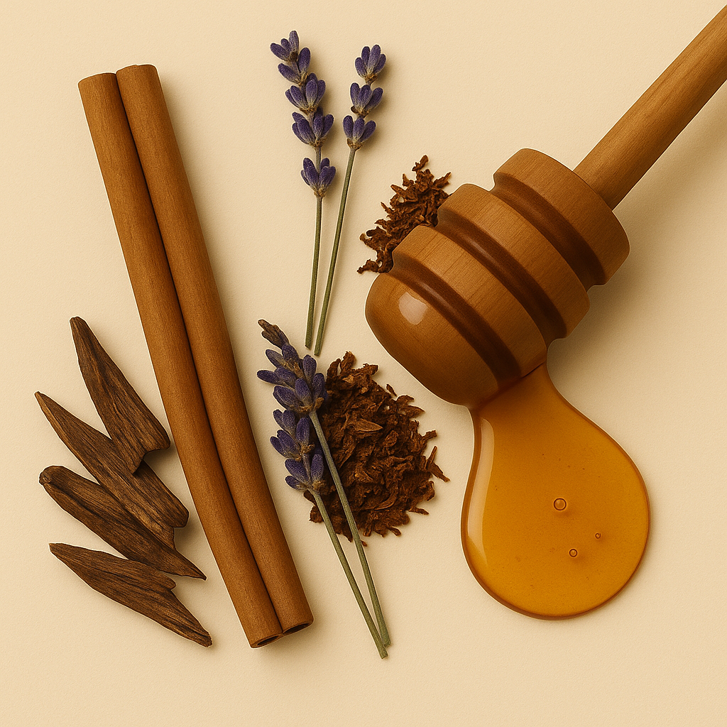 A composition featuring honey, cinnamon sticks, lavender sprigs, tobacco leaves, and dark wood pieces on a beige background.
