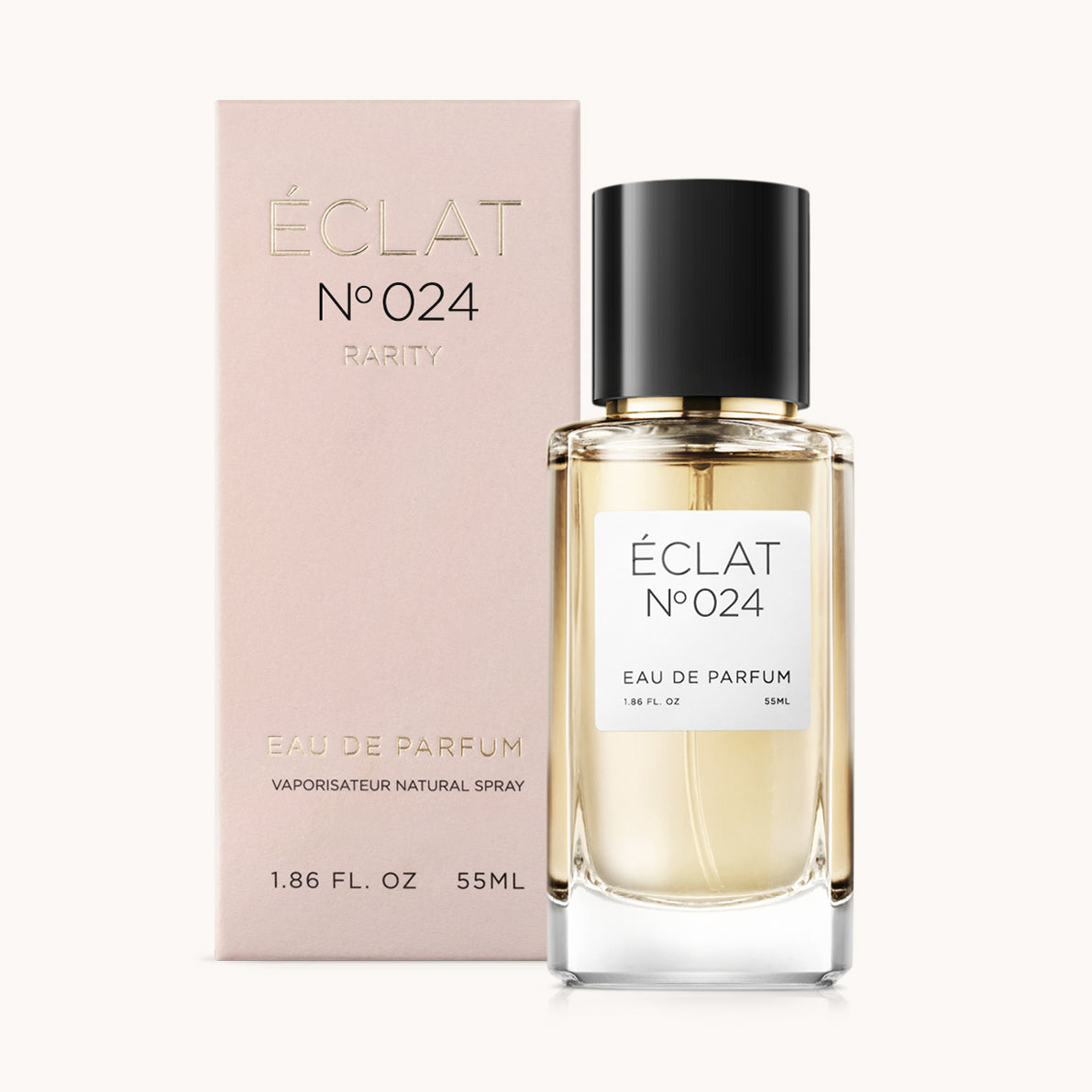El perfume ÉCLAT RAR - Tuberose & Honey presenta un frasco de vidrio facetado con tapa negra, presentado junto a una caja rosa.