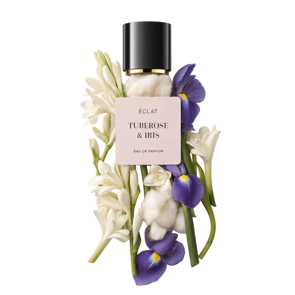 Arrangement van tuberoos- en iris bloemen met een zwarte dop met het etiket ÉCLAT Tuberose & Iris.
