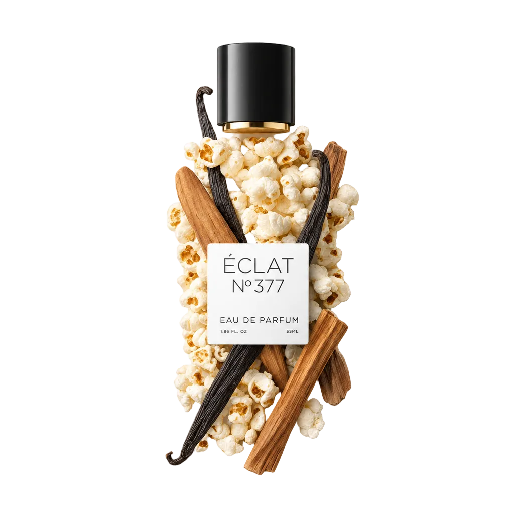 Een arrangement van popcorn, vanillebonen en kaneelstokjes rond de zwarte dop van ÉCLAT Vanilla & Popcorn met etiket.