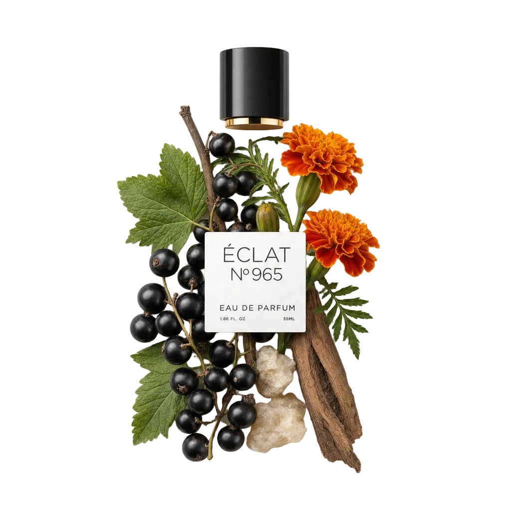 An arrangement of blackcurrants, marigold flowers, and vetiver root surrounds a black cap with a label, representing ÉCLAT Vetiver & Tagetes.