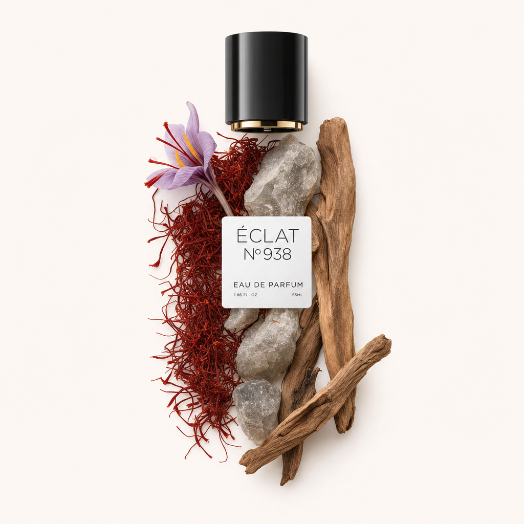 Un arrangement de brins de safran, une fleur de crocus violette, des pierres rugueuses et des morceaux de bois flotté entourant le bouchon noir ÉCLAT avec étiquette.