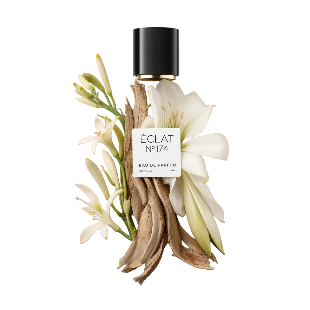Un arrangement de fleurs d'amaryllis blanc et de nénuphar avec des morceaux de bois flotté entoure un bouchon noir avec une étiquette pour ÉCLAT White Amaryllis & Water Lily.
