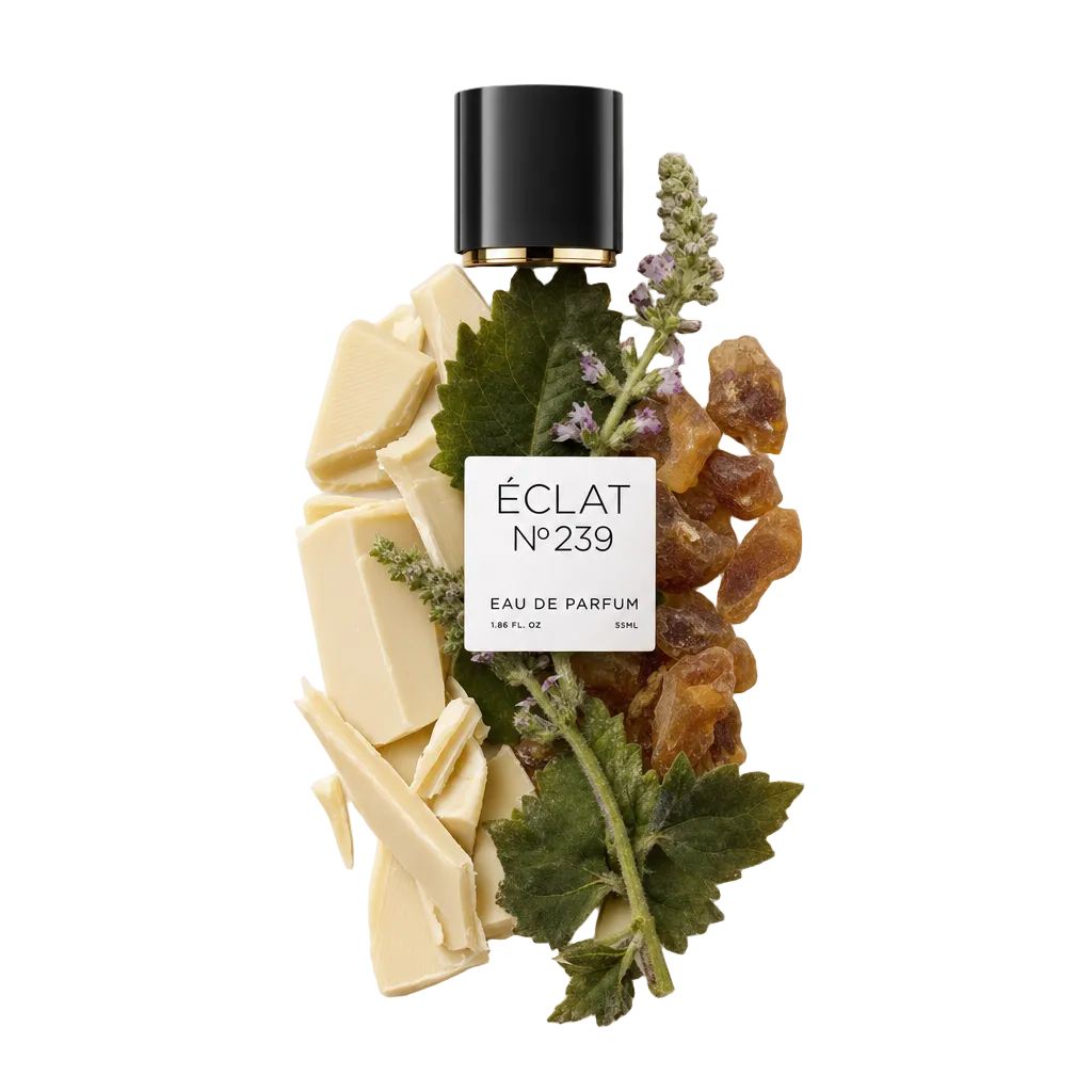 An arrangement of white chocolate pieces, fresh patchouli leaves, and resin, with a black cap featuring ÉCLAT 239 label.