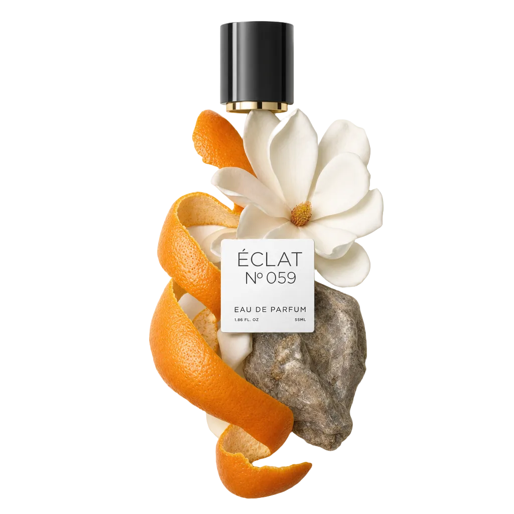 Un arreglo de pétalos de narciso blanco, espirales de cáscara de naranja y una piedra rugosa alrededor de una tapa negra con etiqueta de ÉCLAT VIP - White Daffodil.