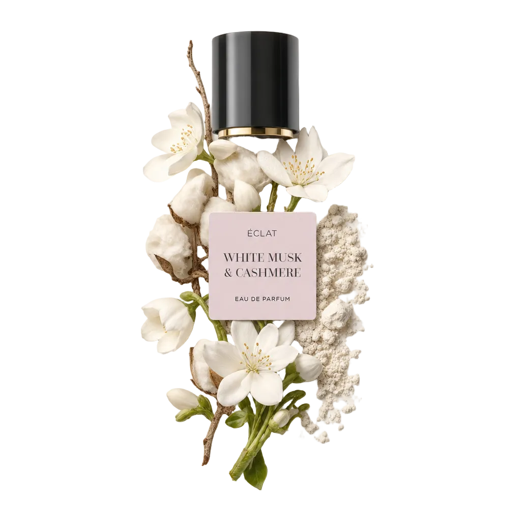 Um arranjo de delicadas flores brancas, cápsulas de algodão e pó fino rodeia a etiqueta ÉCLAT White Musk & Cashmere sob uma tampa preta com acento dourado.