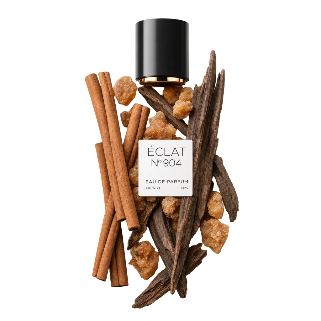 An arrangement of cinnamon sticks, benzoin resin clusters, and dark wood pieces around a black cap with a gold accent labeled ÉCLAT 904 VIP.