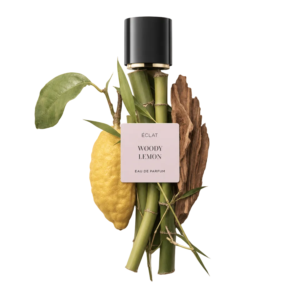Un arreglo de bambú, un limón con hojas y piezas de madera rodeando la tapa negra original con etiqueta de ÉCLAT Woody Lemon.