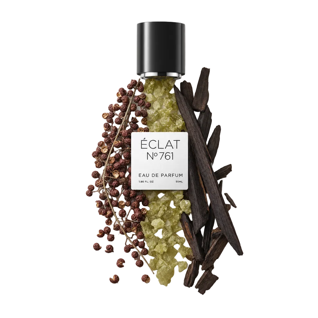 An arrangement of woody pepper ingredients with ÉCLAT’s black cap and label. Peppercorns, resin crystals, and dark wood are elegantly displayed.