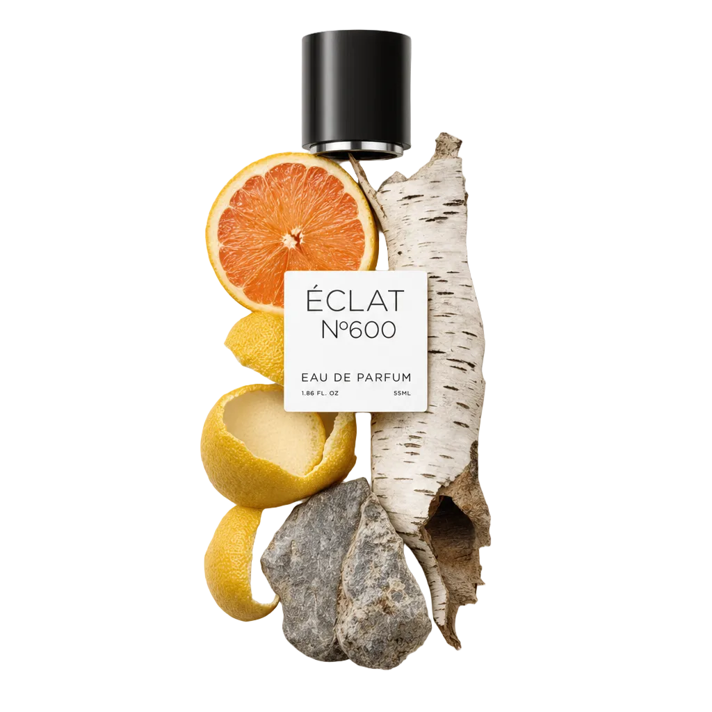 Un arrangement artistique de tranche de pamplemousse, écorce de citron, écorce de bouleau et pierres, avec un bouchon noir portant l'étiquette ÉCLAT Woody Pineapple.