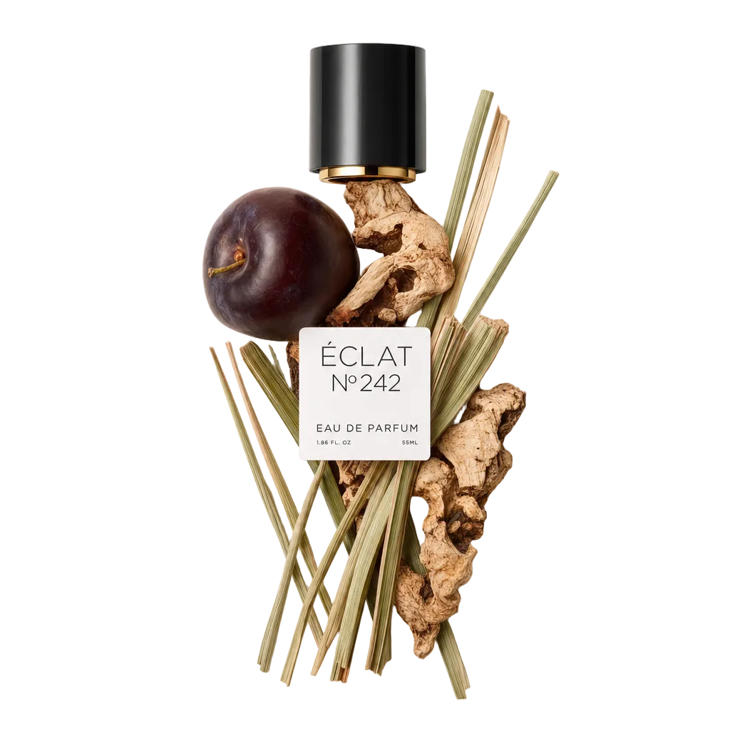 An arrangement of dried wood pieces, lemongrass stalks, and a ripe plum showcases the notes of ÉCLAT Woody Plum. Above rests a black cap with a label.