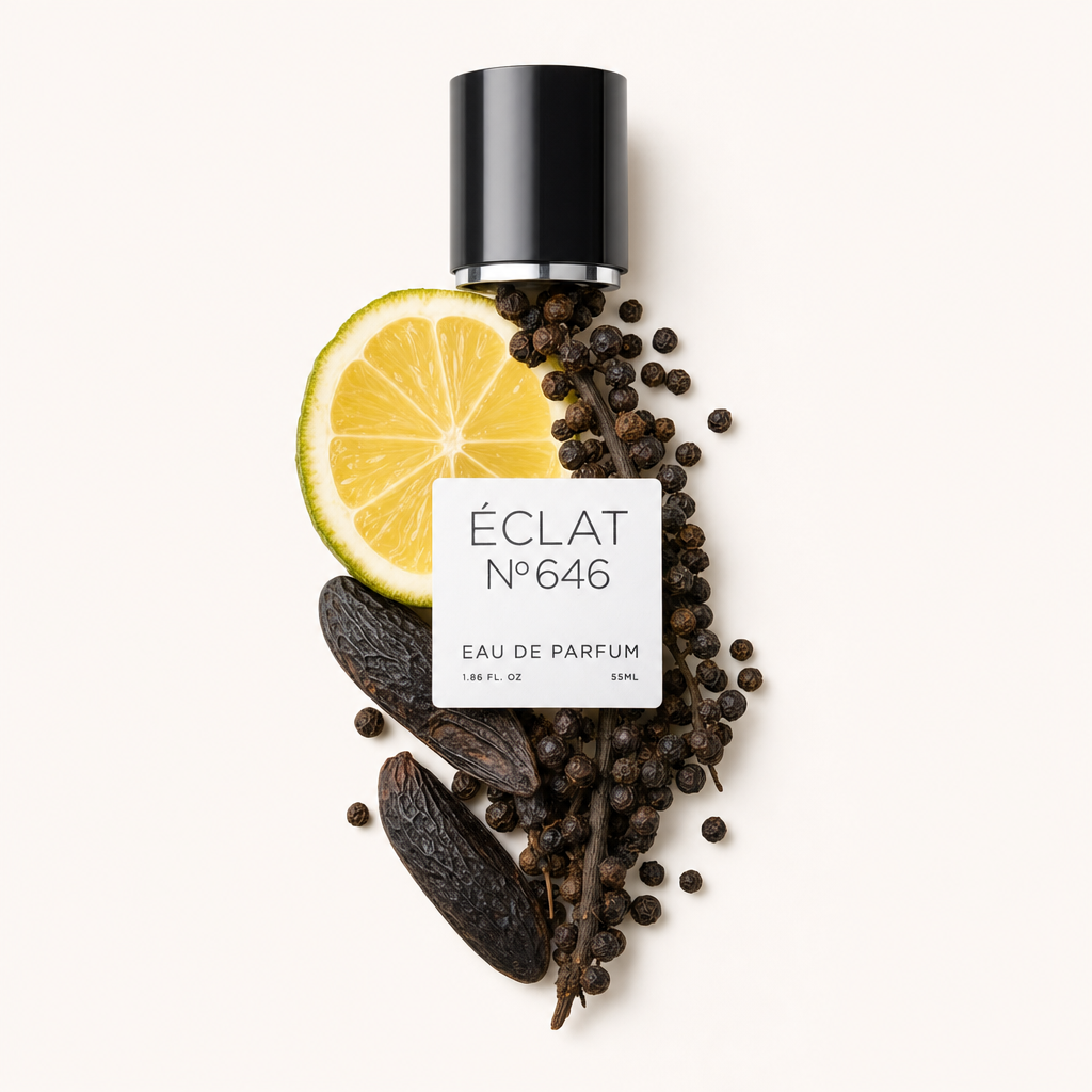 En komposition av citronskiva, tonkabönor och pepparkorn omger den svarta locket med en etikett av ÉCLAT Woody Tonka Bean.