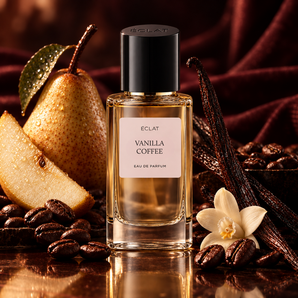 Ένα φιάλη από γυαλί με επιφάνειες του ÉCLAT Vanilla Coffee περιβάλλεται από αχλάδι, κόκκους καφέ και λοβούς βανίλιας σε μια πλούσια επιφάνεια.
