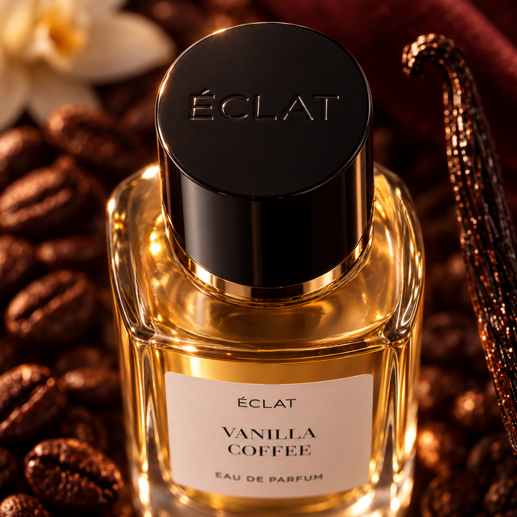 Φιαλίδιο από φακελωμένο γυαλί ÉCLAT Vanilla Coffee με μαύρο καπάκι, περιτριγυρισμένο από κόκκους καφέ και λοβούς βανίλιας.