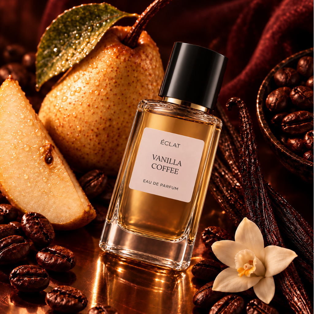 Γυάλινο μπουκάλι ÉCLAT Vanilla Coffee με μαύρο καπάκι, περιτριγυρισμένο από αχλάδι, κόκκους καφέ, λοβούς βανίλιας και ένα λουλούδι βανίλιας σε χάλκινη επιφάνεια.