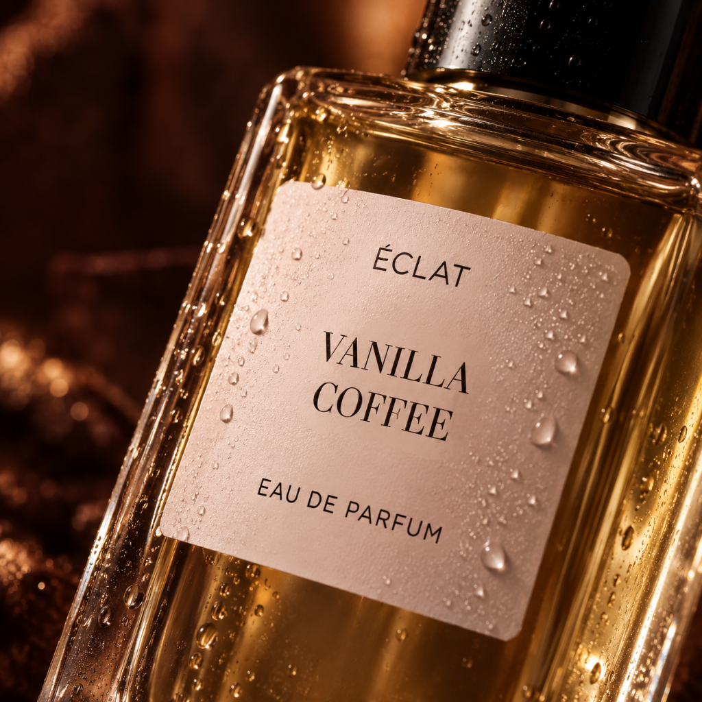 Φιαλίδιο από γυαλί με όψεις ÉCLAT Vanilla Coffee με γυαλιστερό μαύρο καπάκι και υφή ετικέτας, διακοσμημένο με σταγονίδια.