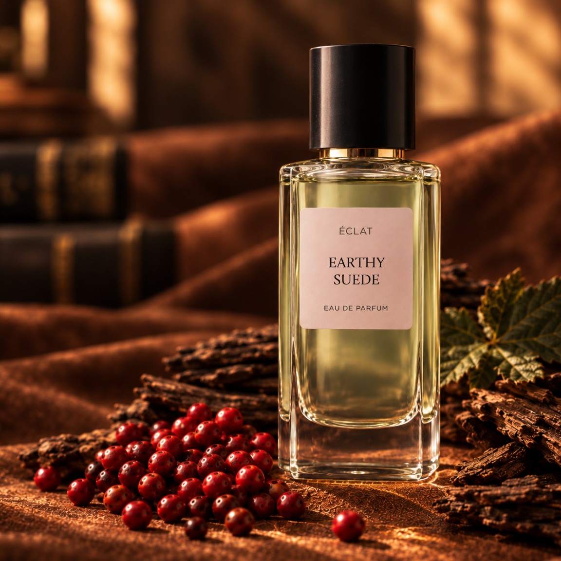 Μπουκάλι αρώματος ÉCLAT Earthy Suede με σχεδιασμό από φακελλωτό γυαλί και μαύρο καπάκι, περιβάλλεται από μούρα και φύλλα σε υφή φόντου.