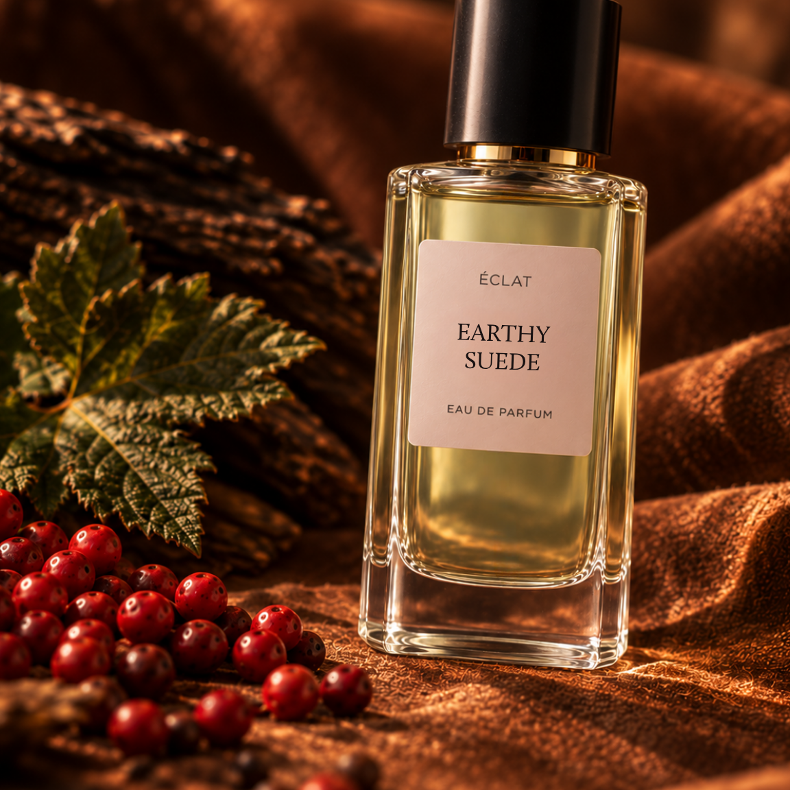 Φιαλίδιο από γυαλί με έμφαση ÉCLAT Earthy Suede με μαύρο καπάκι, περιτριγυρισμένο από κόκκινα μούρα και πράσινα φύλλα σε πλούσιο καφέ ύφασμα.