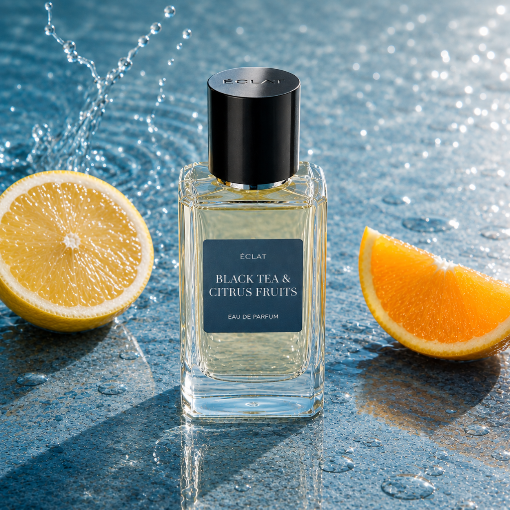 Flacon en verre facetté d'ÉCLAT Black Tea & Citrus Fruits avec un bouchon noir, entouré de tranches de citron et d'orange sur une surface mouillée.