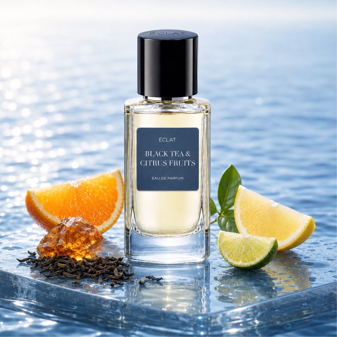 Sophisticated glass bottle of ÉCLAT Black Tea & Citrus Fruits with a dark cap, adorned with citrus slices, amber, and tea leaves by a serene water backdrop.