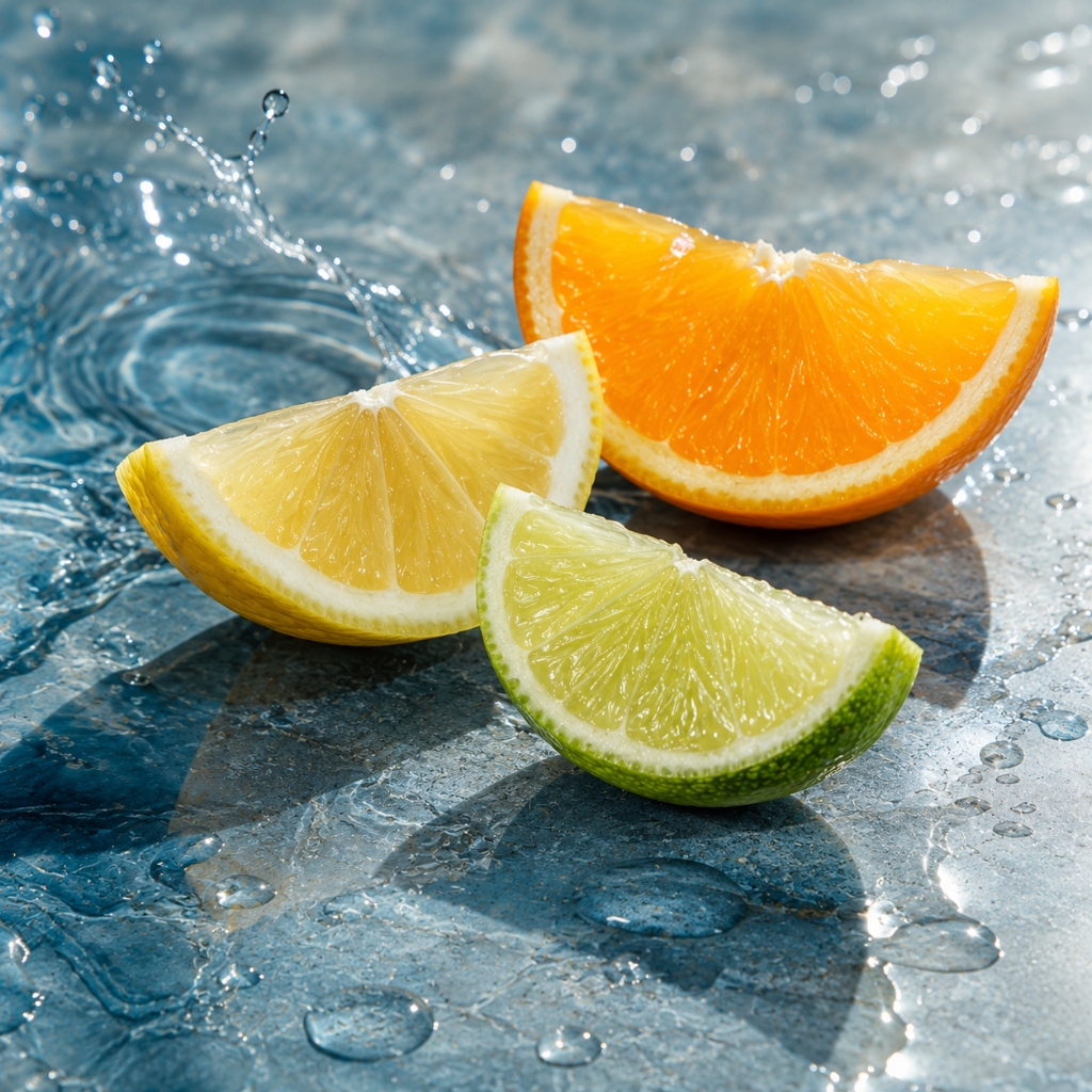 Tranches d'orange, de citron et de lime sur une surface texturée avec des gouttes d'eau, capturant l'essence de ÉCLAT Black Tea & Citrus Fruits.