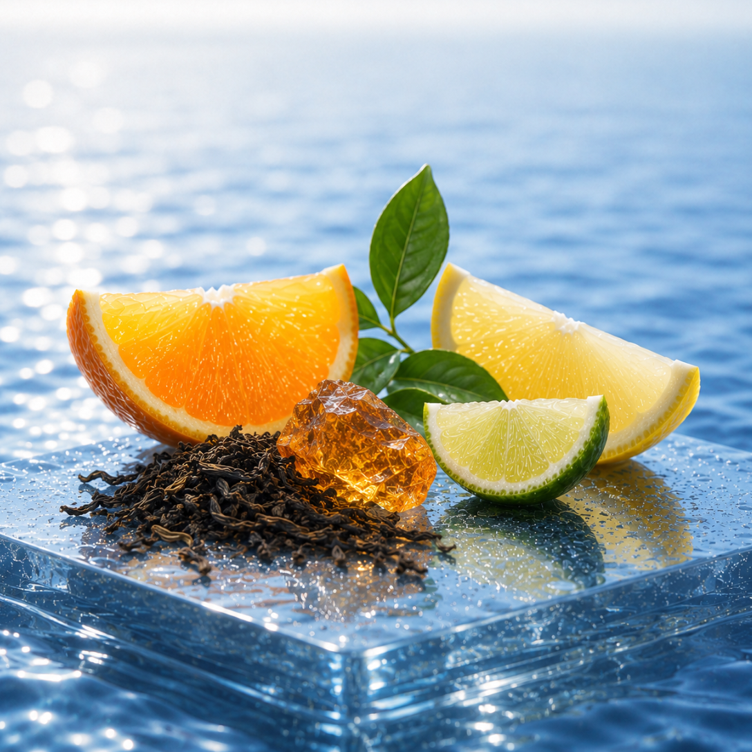 Slices of orange, lemon, and lime with black tea leaves arranged on a glass surface with a sea background for ÉCLAT Black Tea & Citrus Fruits.