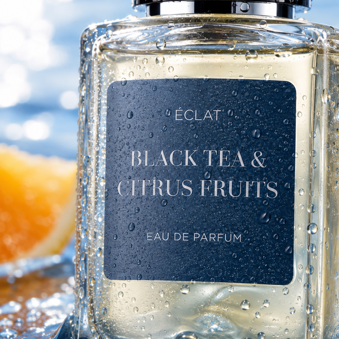 Faceted glass bottle of ÉCLAT Black Tea & Citrus Fruits with a dark blue label, droplets covering the surface, next to a slice of orange.