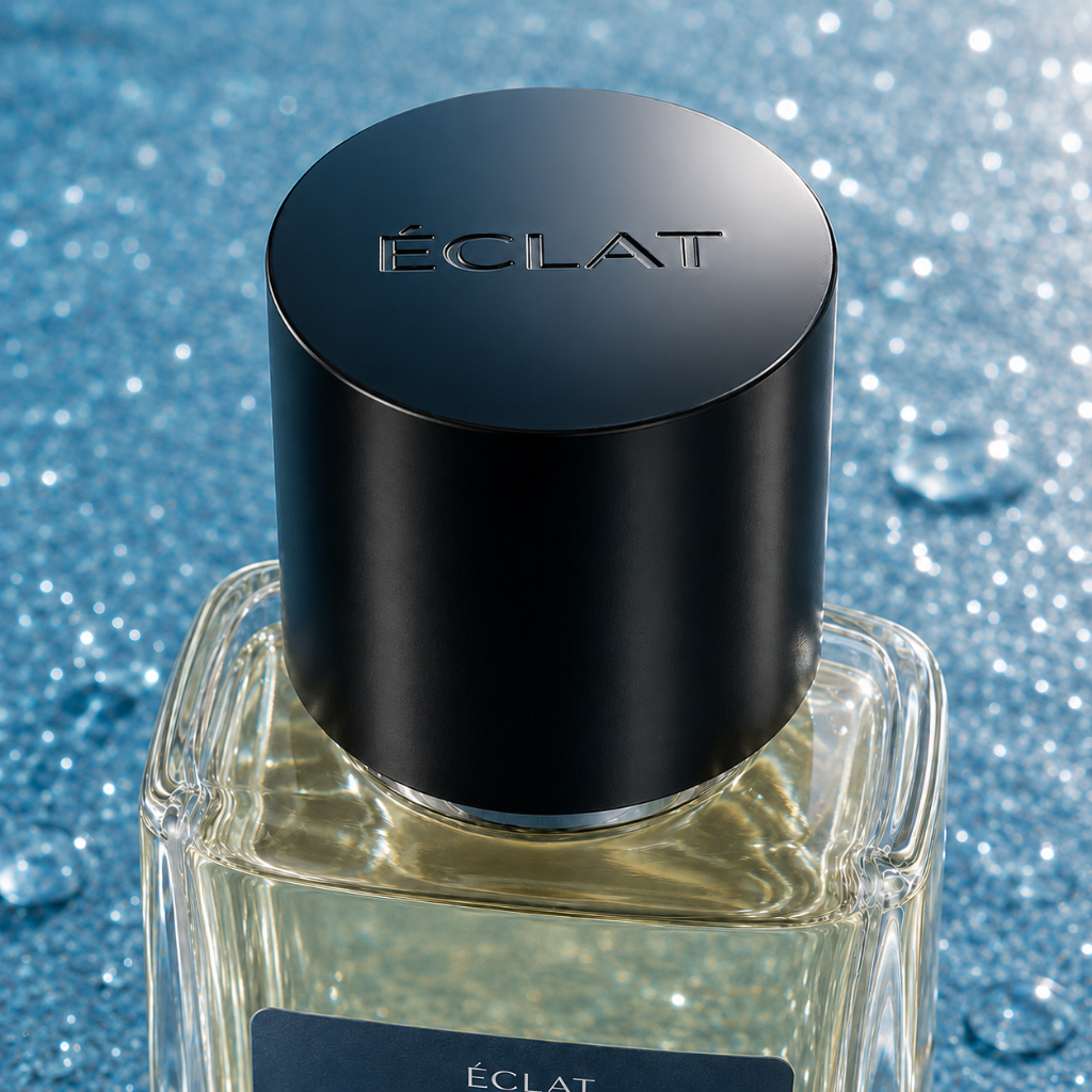 ÉCLAT VIP Black Tea & Citrus Fruits dans un flacon en verre facetté avec un bouchon noir élégant sur un fond bleu scintillant.