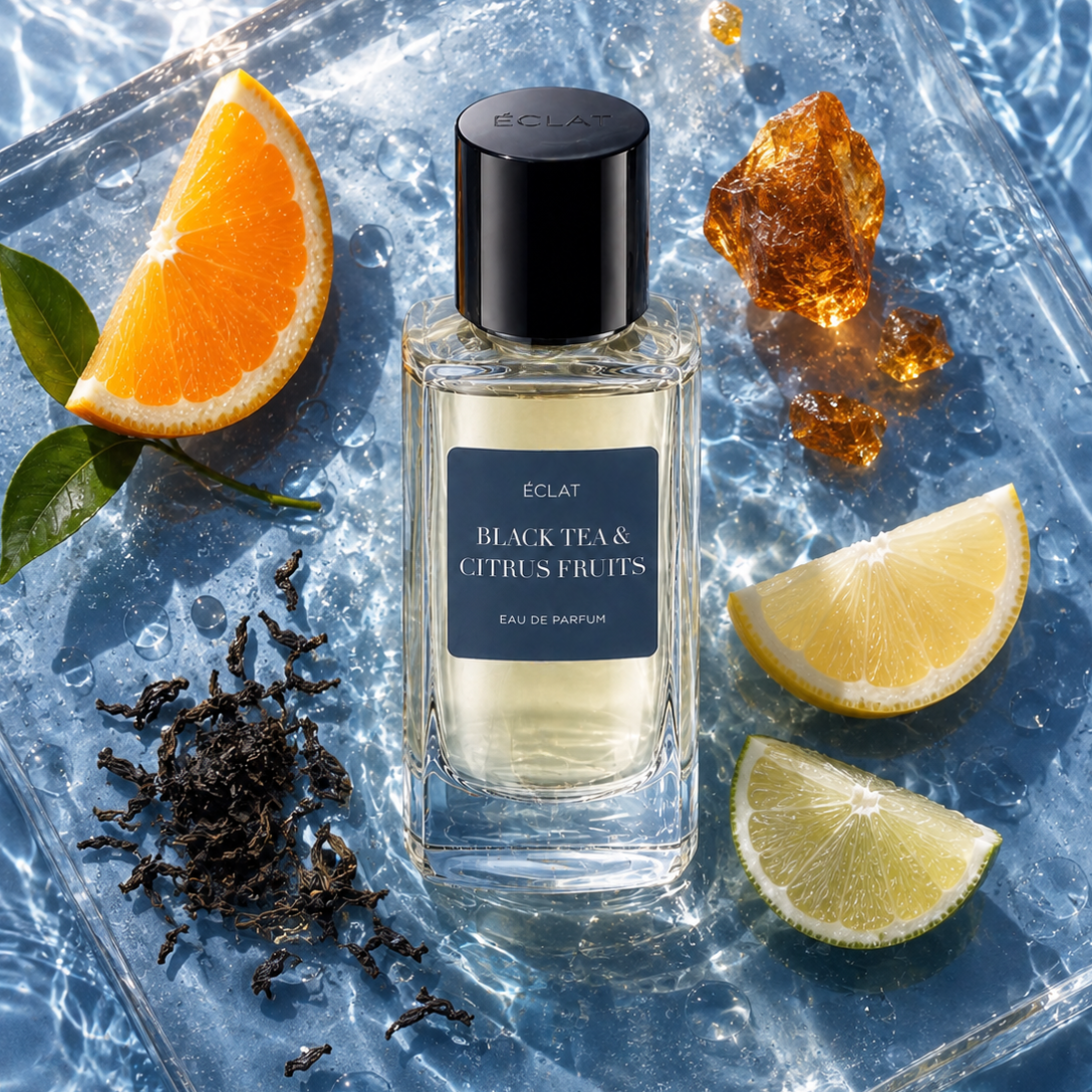 A faceted glass bottle of ÉCLAT Black Tea & Citrus Fruits with a black cap, surrounded by orange and lemon slices, tea leaves, and amber resin on a watery surface.