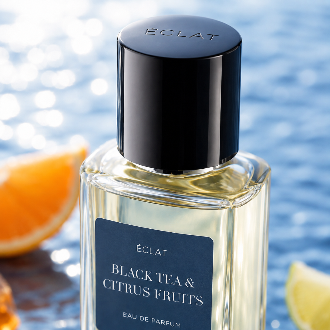 ÉCLAT Black Tea & Citrus Fruits in a faceted glass bottle with a sleek black cap, set against a blurred background of water and citrus slices.