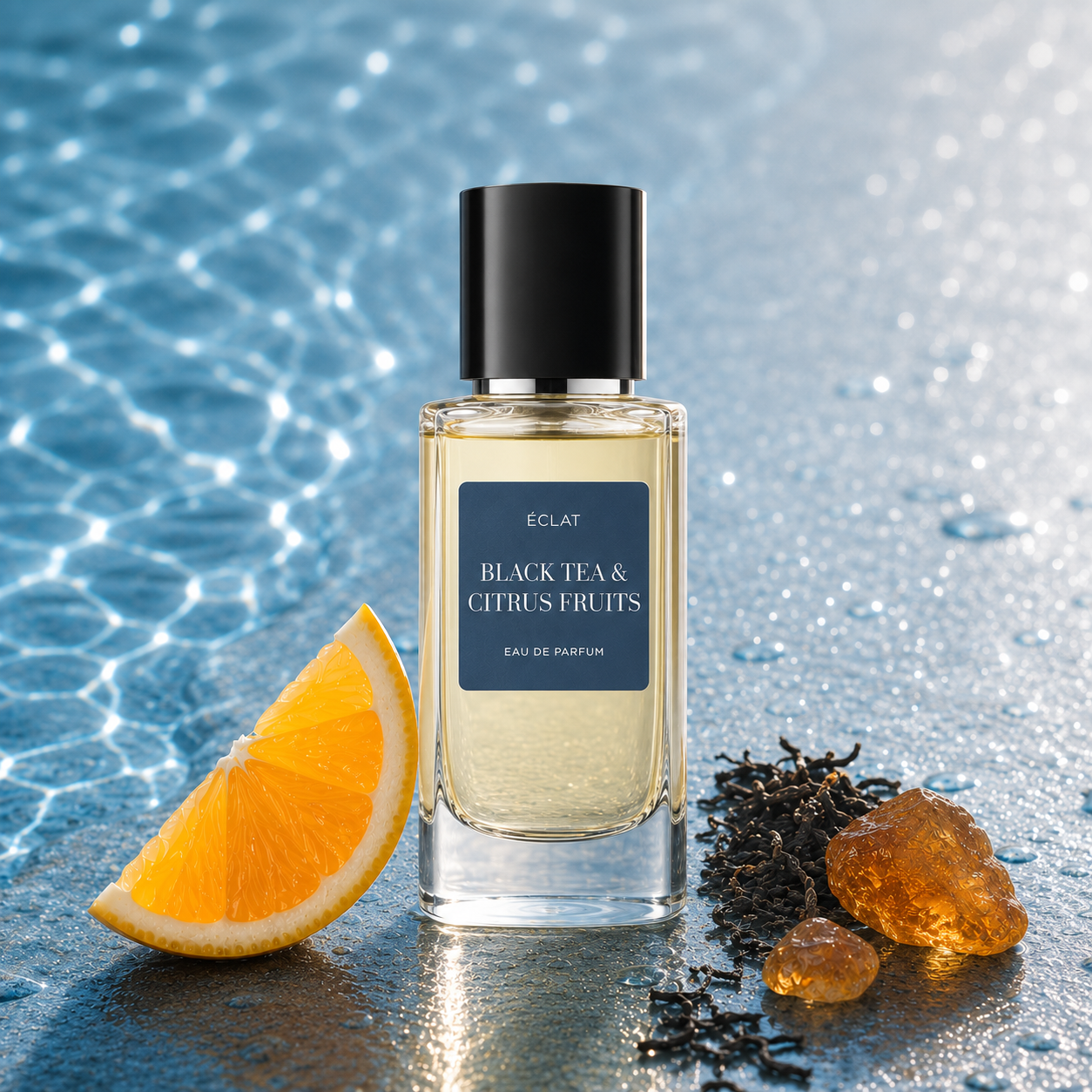 Un flacon en verre facetté de parfum ÉCLAT Black Tea & Citrus Fruits avec un bouchon noir, à côté d'une tranche d'orange, de feuilles de thé noir et de résine ambrée, sur un fond bleu scintillant.
