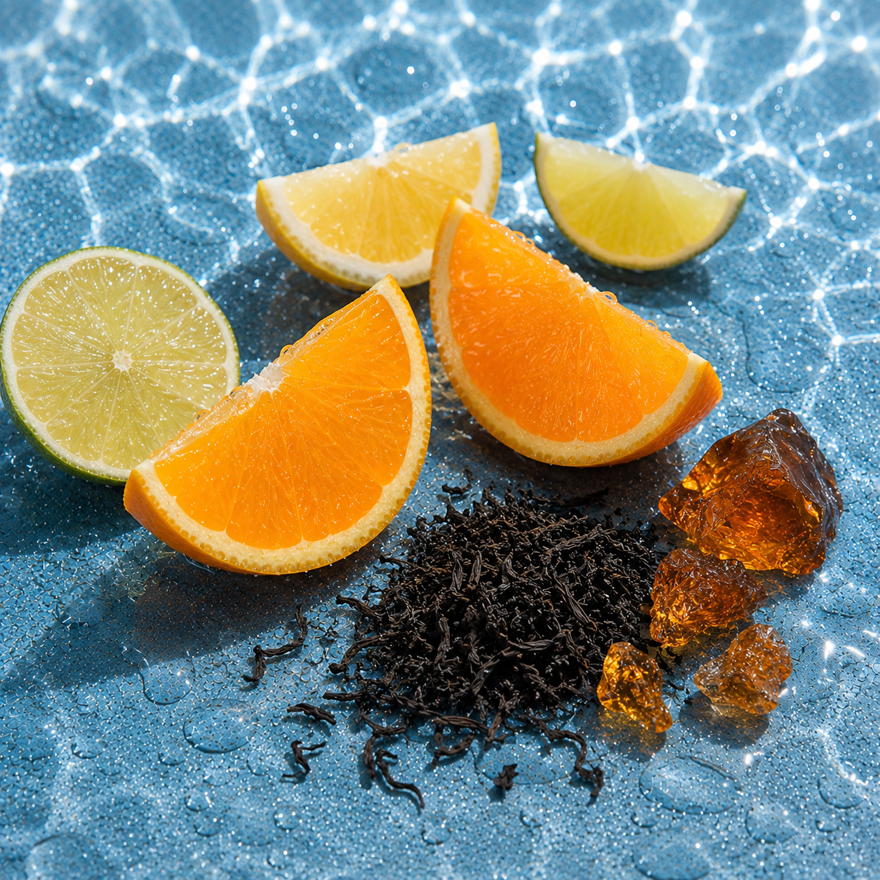 Tranches d'orange, de citron et de citron vert avec des feuilles de thé noir et de la résine d'ambre sur une surface bleue irisante, représentant ÉCLAT VIP Black Tea & Citrus Fruits.