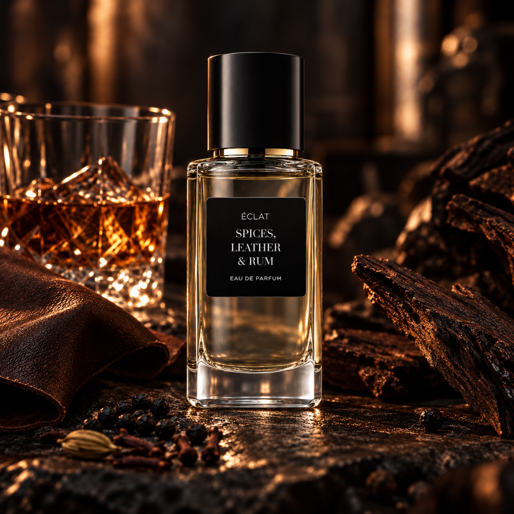 A faceted glass bottle of ÉCLAT Spices, Leather & Rum with a black label is placed amidst spices and a glass of whiskey.