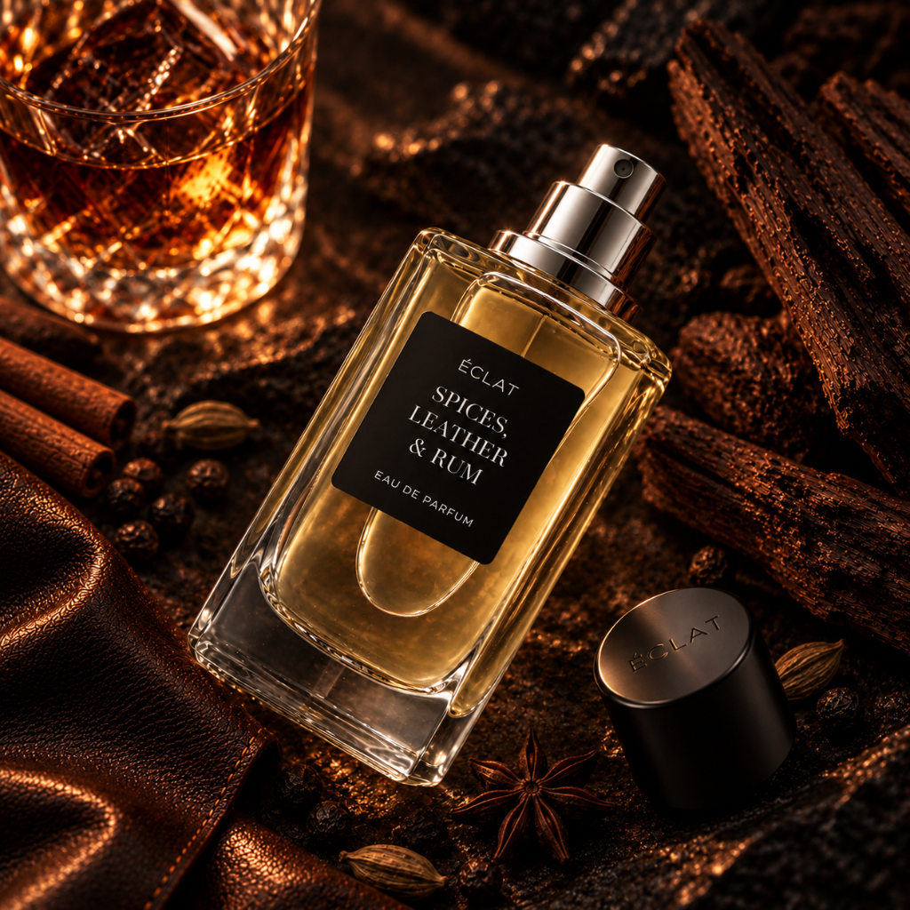 ÉCLAT Spices, Leather & Rum fragrance in a faceted glass bottle with a black matte label, surrounded by spices and a glass of rum.