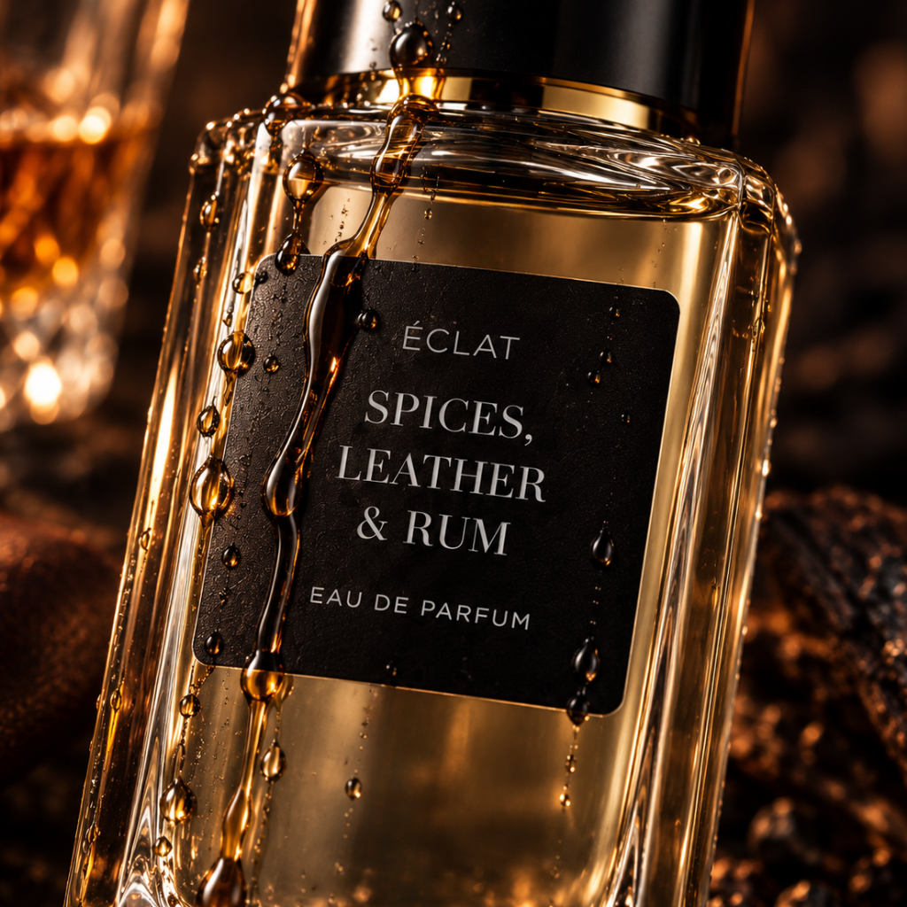 A faceted glass bottle featuring a black matte label with the name ÉCLAT Spices, Leather & Rum, adorned with droplets, and a gold-colored cap.