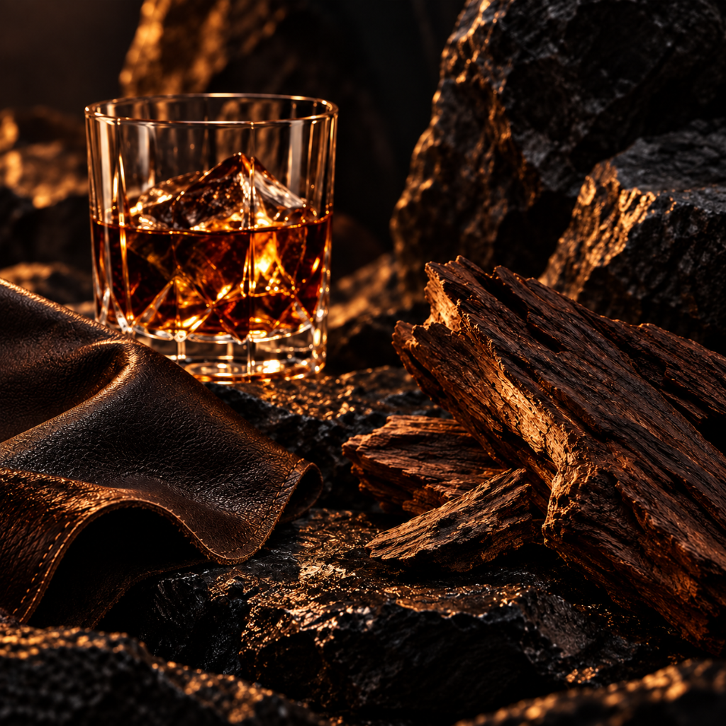 A faceted glass tumbler with amber liquid amidst dark textured rocks, a rich leather fabric, and wooden pieces evoke the essence of ÉCLAT Spices, Leather & Rum.