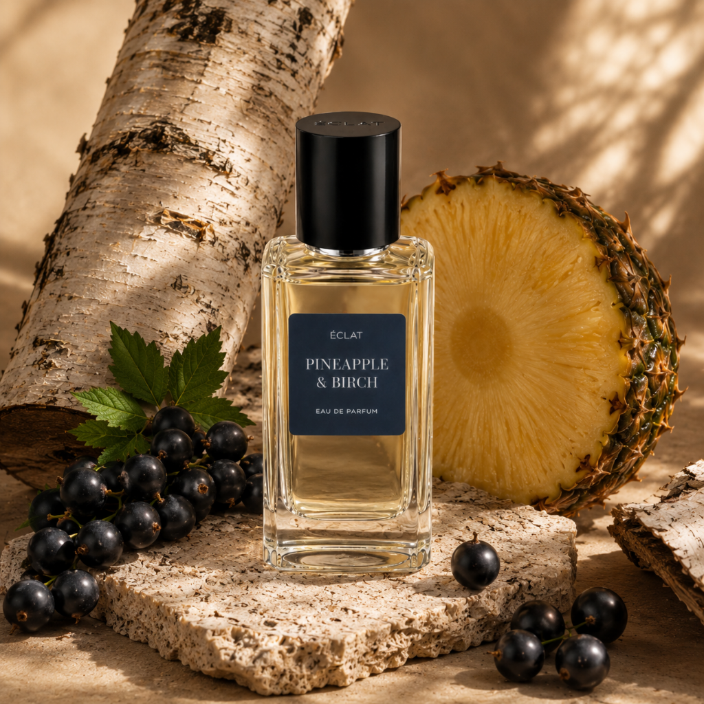 Un flacon en verre facetté d'ÉCLAT Pineapple & Birch avec un bouchon noir, entouré d'une bûche de bouleau, tranche d'ananas et cassis.