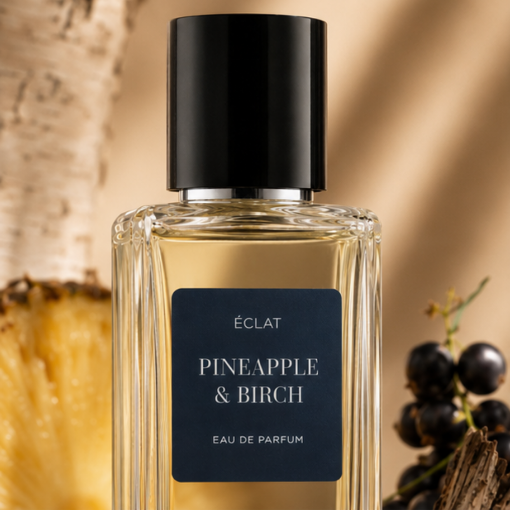 Une tranche d'ananas, écorce de bouleau et cassis disposés élégamment sur des surfaces en pierre texturée, reflétant l'essence d'ÉCLAT VIP - Pineapple & Birch.